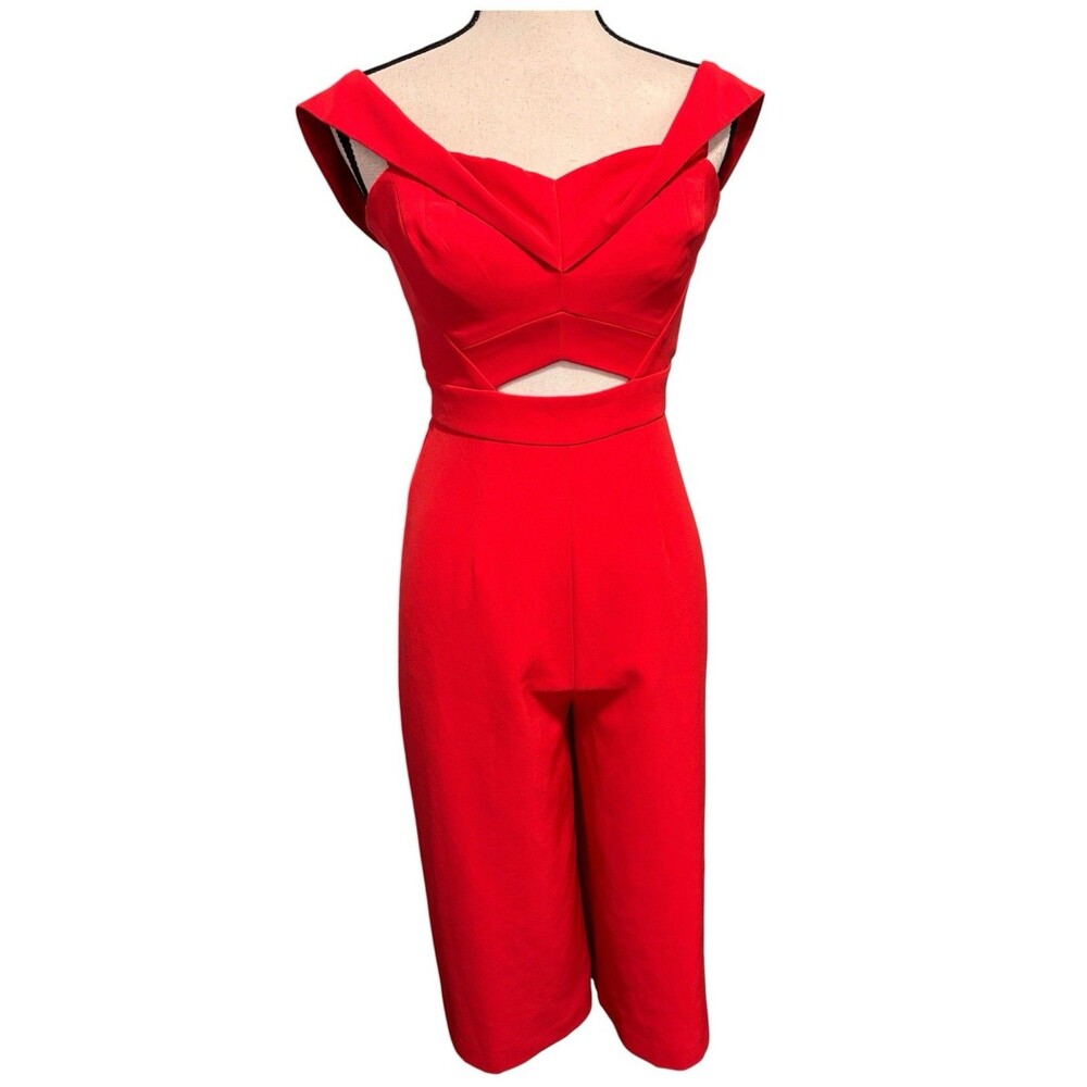 Ever New Melbourne Red OTS Cropped Jumpsuit Sz 4 Wide Leg Cutout Waist